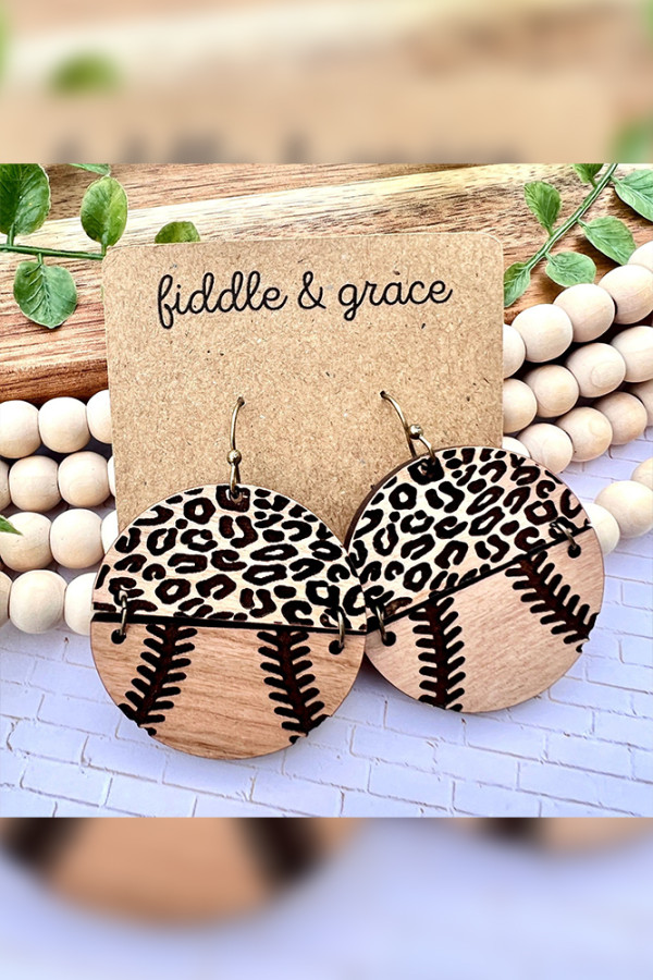 Wooden Round Leopard Baseball Earrings MOQ 5pcs