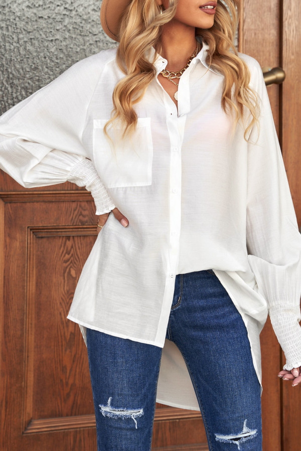 White Billowy Sleeves Pocketed Shirt