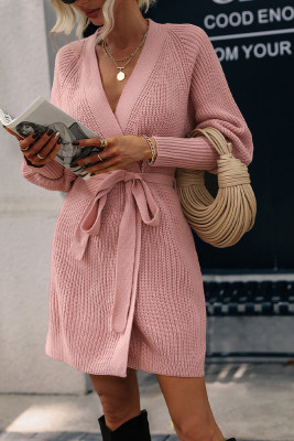 Plain Bat Sleeves Open Front Knit Cardigans with Belt