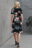 Black Short Sleeve Pocketed Drawstring Casual Floral Dress