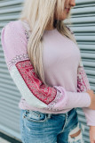 Pink Tribal Pattern Patchwork Waffle Knit Long Sleeve Top