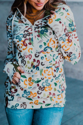 Leopard Print Zipper Collar Hoodie with Kangaroo Pocket