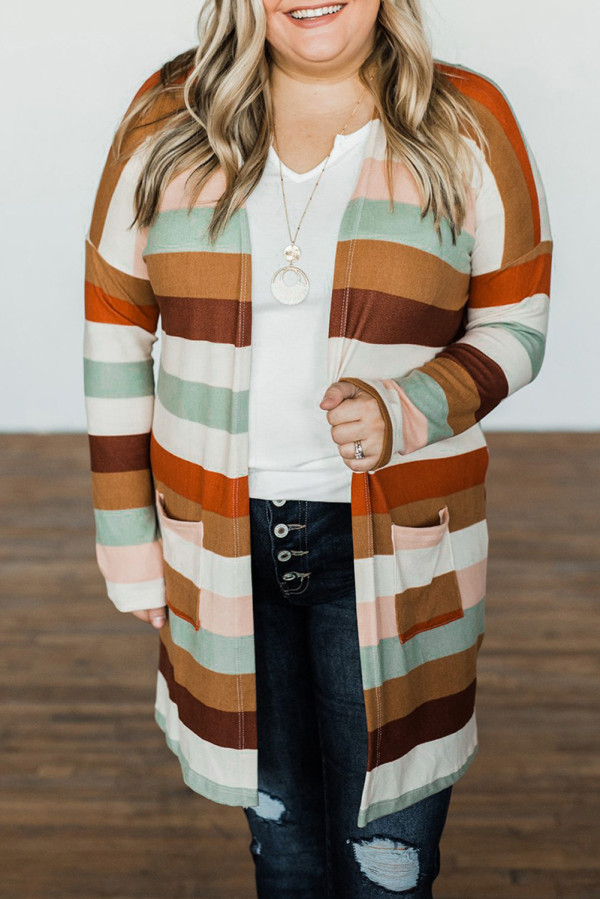 Stripe Print Open Front Plus Size Cardigan with Pocket