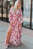 Pink Wrap V Neck Floral Maxi Dress