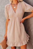 Checkered Pattern Puff Sleeve Babydoll Dress