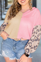 Pink Plus Size Leopard Sleeve Color Block Waffle Knit Top
