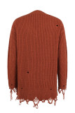 Ripped Raw Edge V Neck Plain Knit Sweaters