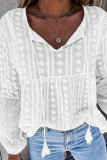 Embroidery Drawstring V Neck Long Sleeve Top