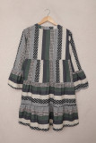 Green Geometric Print V neck Flare Half Sleeve Ruffle Swing Mini Dress