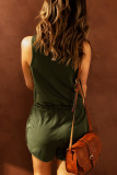 Green Buttons Drawstring Elastic Waist Sleeveless Romper