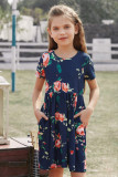 Blue Short Sleeve Pocketed Children's Floral Dress