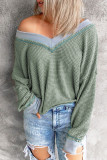 Green Waffle Knitted Loose V Neck Blouse