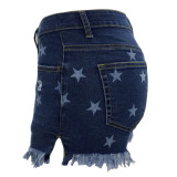 Dark Blue Star Print Shorts Jeans with Tassel