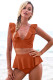 Orange Open Back Ruched Halter Top Shorts Tankini Set