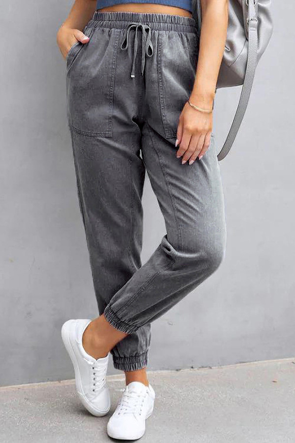 Grey Elastic Waist Pockets Washed Denim Joggers