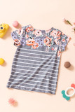 Gray Round Neck Floral Striped Print Kid's Tee