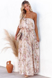 Beige Strapless Floral Print Maxi Dress