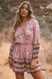 Pink Split V Neck Boho Floral Dress