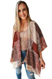 Red Leopard Color Block Kimono Sleeve Open Front Cover Up