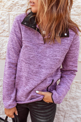 Purple Heathered Turn-down Collar Pullover Sweatshirt
