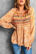 Leopard Patch Drawstring Long Puff Sleeve Blouse