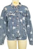 Stars Print Buttons Front Ripped Denim Jacket Women UNISHE Wholesale