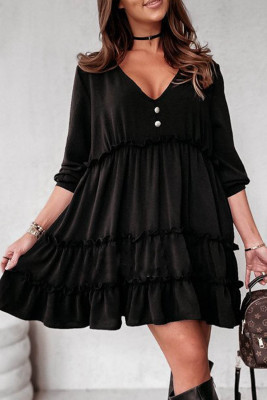 Black V Neck Frilled Tiered Flowy Mini Dress