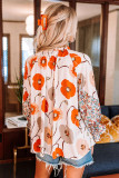 Orange Floral Print Ruffled Drawstring V Neck Blouse