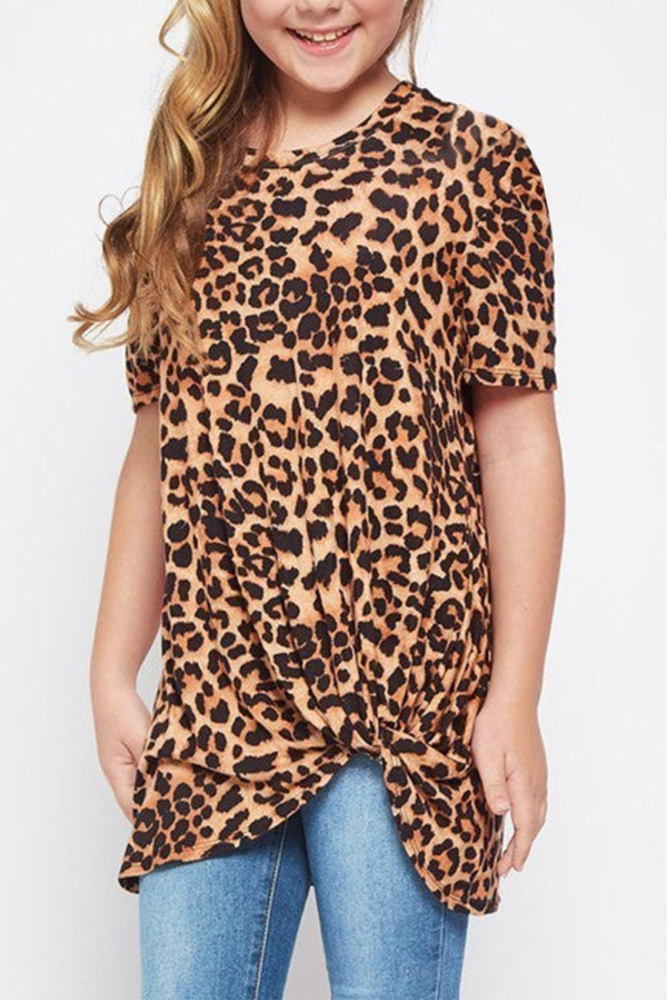 Brown Leopard Print Twist Girls Tee