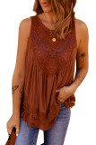 Brown Lace Detail Buttons Back Sleeveless Top