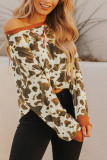 Brown Oversized Crew Neck Animal Print Sweatshirt with Slits