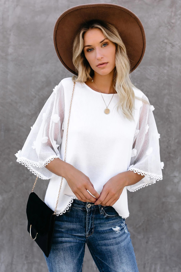 White Crew Neck Kimono Sleeve Knit Top