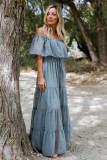 Sky Blue Off Shoulder Ruffle Swiss Dot Maxi Dress