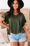 Green Fringe Hem V Neck T Shirt