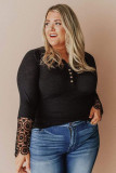 Black Lace Splicing Ribbed Long Sleeve Plus Size Top