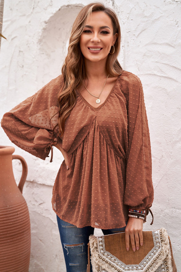 Brown Swiss Dot Lace-up V Neck Long Sleeve Top