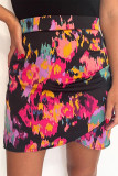 Black Abstract/Leopard Print Wrap Hem Mini Skirt