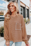 Grey Contrast Stitching Waffle Knit Top