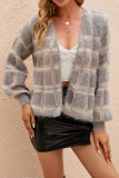 Grey Pink Plaid Hairy Open Knit Cardigans