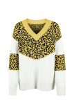 Leopard Splicing V Neck Long Sleeve Knit Sweater