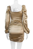 Gold Puffy Sleeves Ruched Bodycon Dress