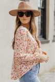 Red Floral Print Lace Contrast V Neck Blouse