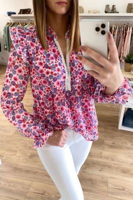 Rose Floral Pattern Peplum Blouse with Ruffles
