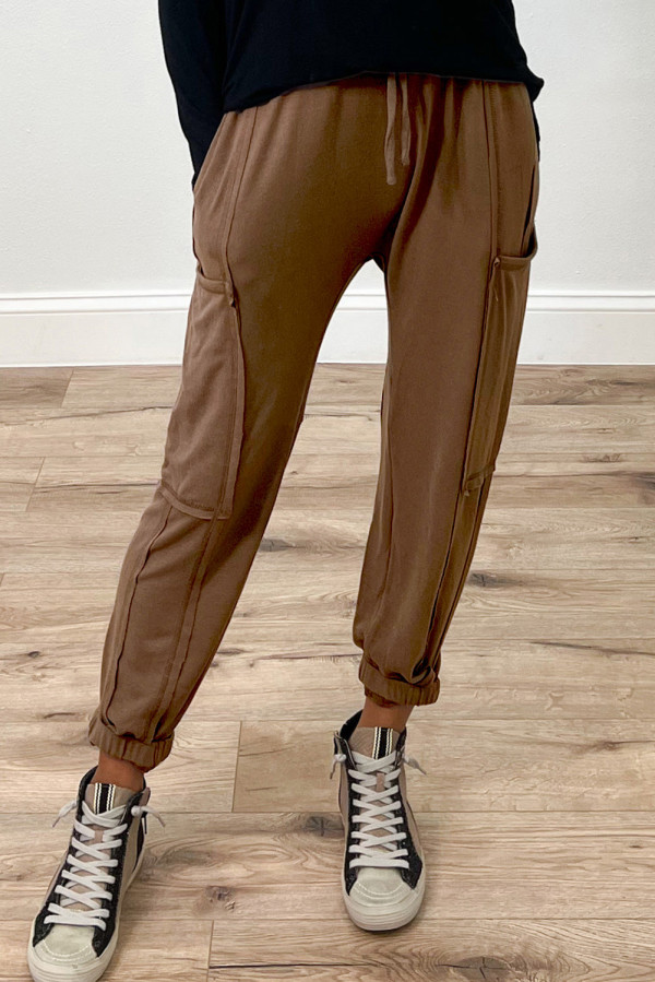 Brown Multi-pockets Drawstring High Waist Joggers