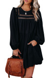 Black Crewneck Lantern Sleeve Hollow-Out Tiered Dress with Pocket