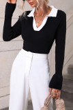 Color Block Lapel Collar Flare Sleeves Knit Top