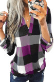 Purple Contrast Plaid V Neck Long Sleeve Top