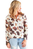 Cow Print V Cut Neckline Long Sleeve Top