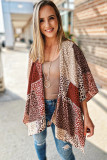Red Leopard Color Block Kimono Sleeve Open Front Cover Up