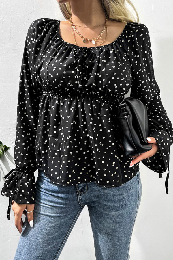 Tiny Floral Square Neck Front Tie Long Sleeves Shirts